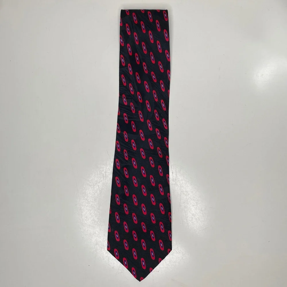 A Taghi Mens Silk Tie Geometric Oval Pattern Black Red Blue Hand‎ Made in Italy